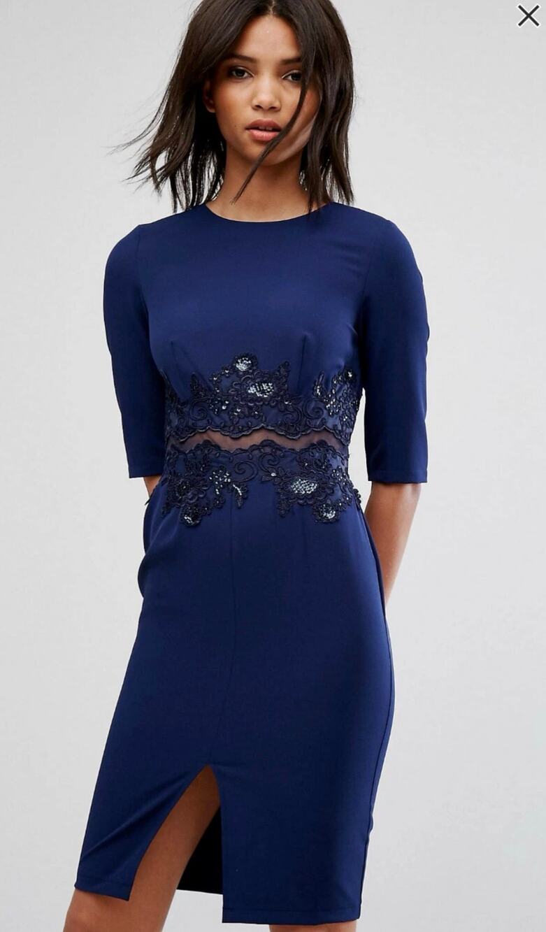Little Mistress Navy Lace Insert Sheath Dress Size 6